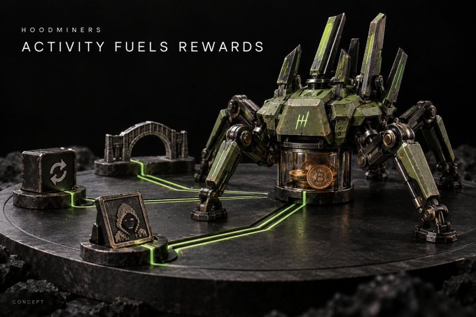 A 3D render of a mechanical spider-like machine with the number '4' on it, displaying 'HOODMINERS ACTIVITY AND A FUELS REWARDS' text, with glowing green lines connecting to smaller mechanical objects and Bitcoin coins.