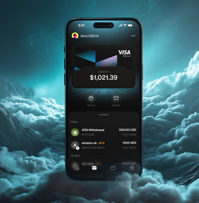 In this post, there's an image of a black smartphone that has an Atm transaction displayed on its screen. The Atm transaction shows that $1.21 has been spent at a physical location, likely the nearest ATM. The photo is set against a sky with clouds, which adds a unique and artistic touch to the scene. The post also mentions that people may not want to think about the complexities of cryptocurrency transactions or managing multiple wallets when they could simply use an Atm for everyday tasks like paying bills or buying groceries, as suggested by the caption @useTria.
