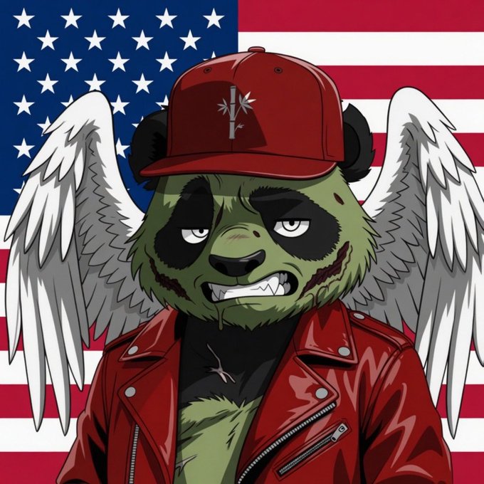 An illustration of an angry green panda-like character with angel wings, wearing a red cap and red leather jacket, set against an American flag background.