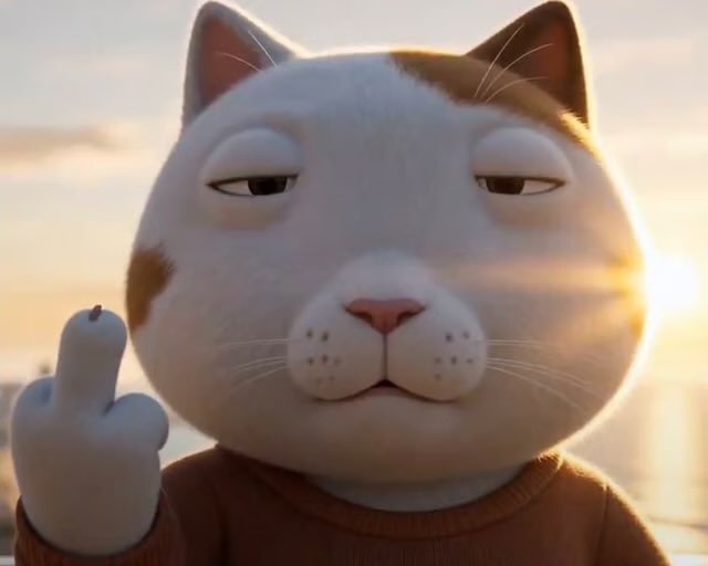 A 3D-rendered cat with half-closed eyes raises its middle finger, wearing an orange sweater against a warm sunset background.