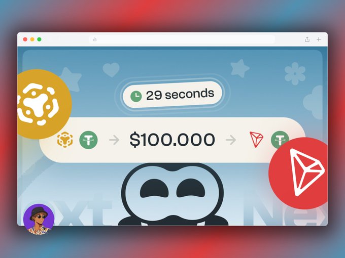 Browser window graphic showing a "29 seconds" timer with a $100,000 exchange between BNB and Tether (USDT) symbols, a BNB logo, and a Tron logo with a stylized character.