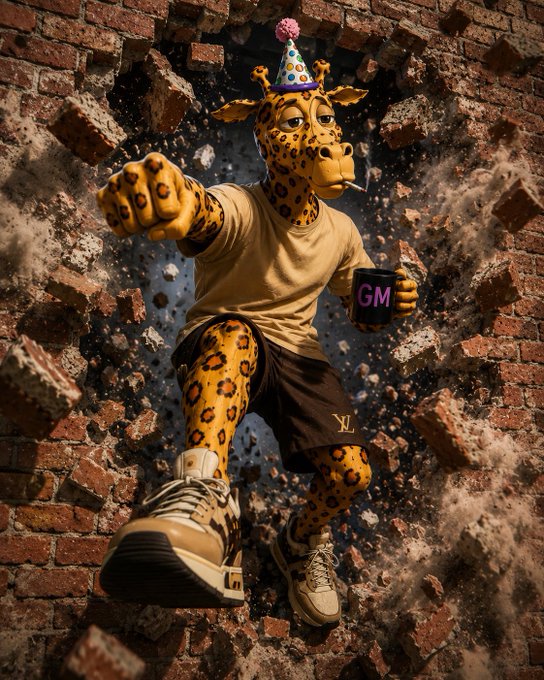 A 3D rendered anthropomorphic giraffe wearing a party hat, tan t-shirt, and black Louis Vuitton shorts bursts through a brick wall holding a black mug with 'GM' written in pink.