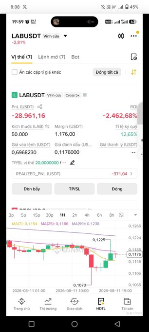 A mobile trading app screenshot showing LABUSDT (Vinh cờu) with a price of 0.1176, a 24h change of -2.81%, a PnL of -28,961.16 (-2,462.68%), and a candlestick chart dated 2026-08-11.