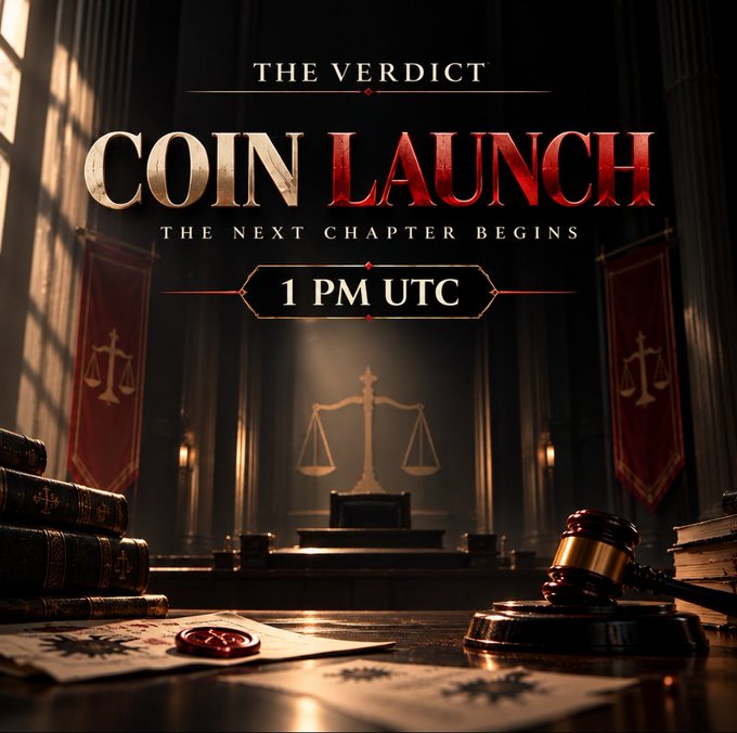 A promotional graphic for a 'COIN LAUNCH' event titled 'THE VERDICT' scheduled for '1 PM UTC', featuring a courtroom setting with a judge's gavel, scales of justice, and stacks of law books.