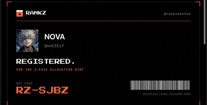 A digital registration card for the RANKZ platform, showing the username NOVA (@web3Esf) and a reference code RZ-SJBZ for the Z-PASS ALLOCATION MINT.