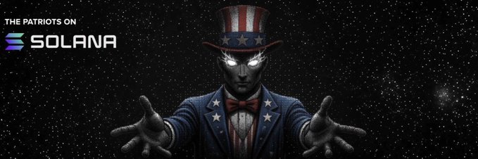 A patriotic Uncle Sam figure with glowing eyes reaches out with both hands against a starry black background, with text reading 'THE PATRIOTS ON SOLANA'.