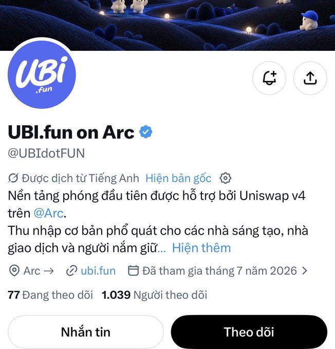 A Twitter profile page for UBI.fun on Arc (@UBIdotFUN), showing 1,039 followers and describing it as the first launchpad platform supported by Uniswap v4 on Arc, with basic revenue sharing for innovators, traders, and holders. The post relates to the image by introducing UBI.fun as a new launchpad on Arc, comparing it to ArgusPad and FocFamily, with a current market cap around $300k.
