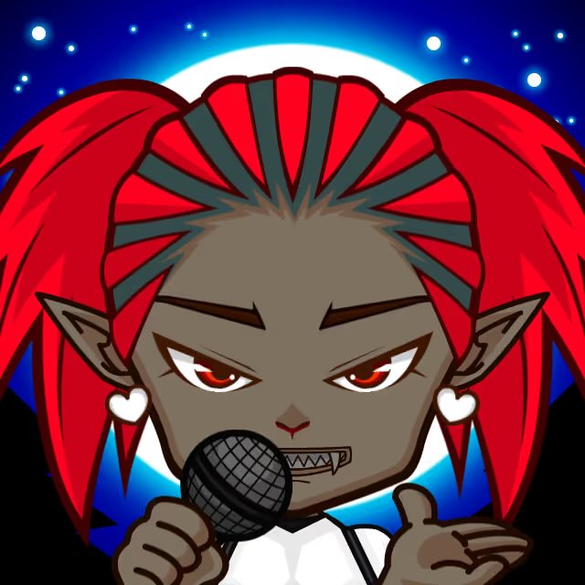 A cartoon illustration of a dark-skinned elf-like character with red pigtails, pointed ears, sharp teeth, and heart earrings, holding a microphone against a starry night sky.