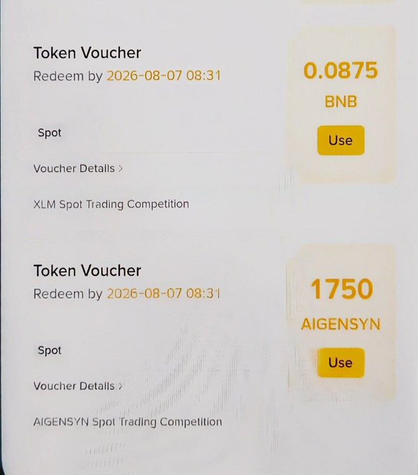 The image shows two Binance Token Vouchers redeemable by August 7, 2026, with one worth 0.0875 BNB and the other worth 1750 AIGENSYN tokens, both earned from spot trading competitions. This matches the post's claim of winning BNB and AIGENSYN tokens from Binance's XLM and AIGENSYN Spot Trading Competitions.