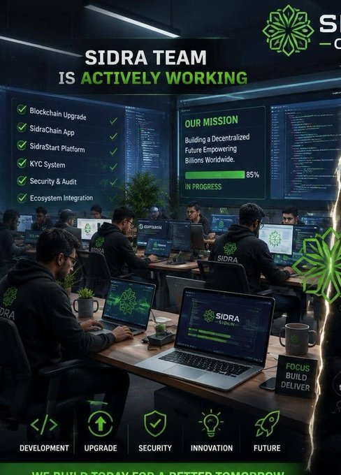 The image shows the "SIDRA TEAM IS ACTIVIVELY WORKING" with a team of developers in hoodies coding at computers, displaying an 85% progress on their mission to "Build a Decentralized Future Empowering Billions Worldwide," alongside checkmarked tasks like Blockchain Upgrade, SidraChain App, and KYC System. This visual reinforces the accompanying post's message to the #SidraFamily community by showcasing the team's active development efforts—including Development, Upgrade, Security, Innovation, and Future initiatives—offering tangible evidence of progress during the waiting period.