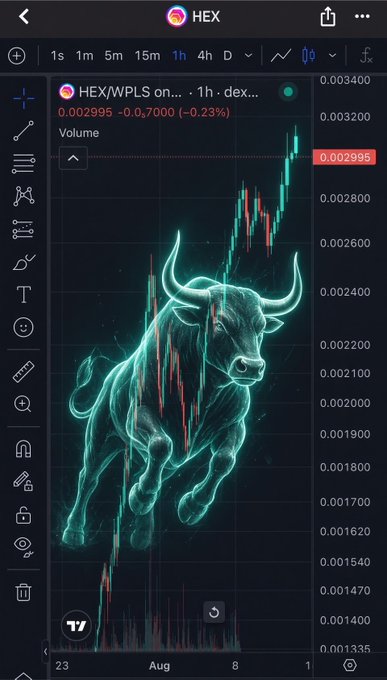 A mobile trading app screenshot shows a HEX/WPLS candlestick chart with a glowing neon bull illustration overlaid on the price action.