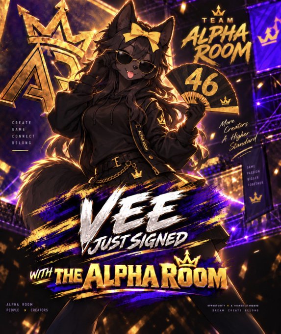 An anime-style promotional graphic announces "VEE Just Signed With The Alpha Room" featuring a character with fox ears holding a fan marked "46".