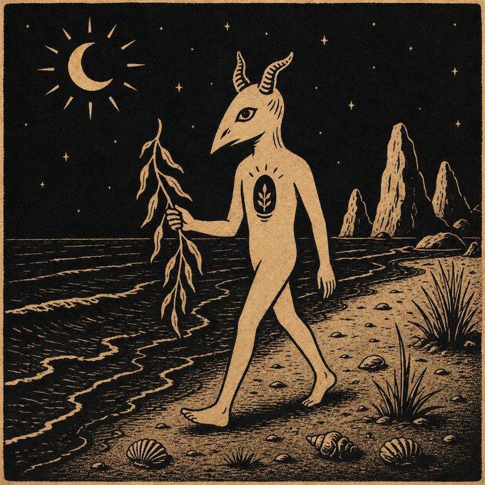A woodcut-style illustration of a horned humanoid figure with a leaf emblem on its chest, walking along a beach at night holding a leafy branch, with a crescent moon, stars, sea stacks, and shells in the scene.