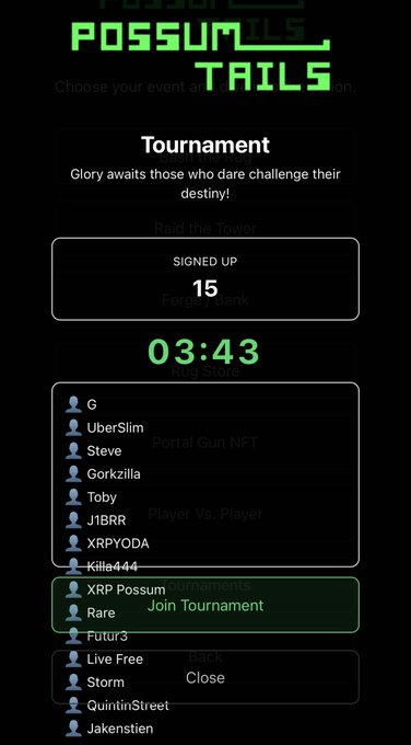 A screenshot of the 'POSSUM TRAILS' event selection screen showing a 'Tournament' option with '15 SIGNED UP' and a countdown timer of '03:43'.