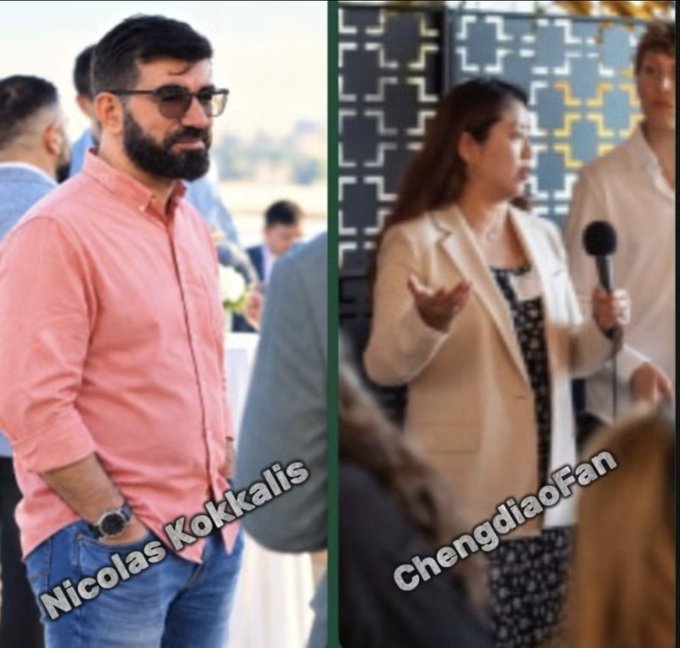 The image shows a side-by-side of two Pi Network co-founders labeled "Nicolas Kokkalis" and "ChengdiaoFan," with Kokkalis pictured in a pink shirt and sunglasses at an outdoor event, and Fan speaking into a microphone at an indoor networking gathering—illustrating the post's claim that Pi's founders are quietly building relationships with influential tech industry professionals.