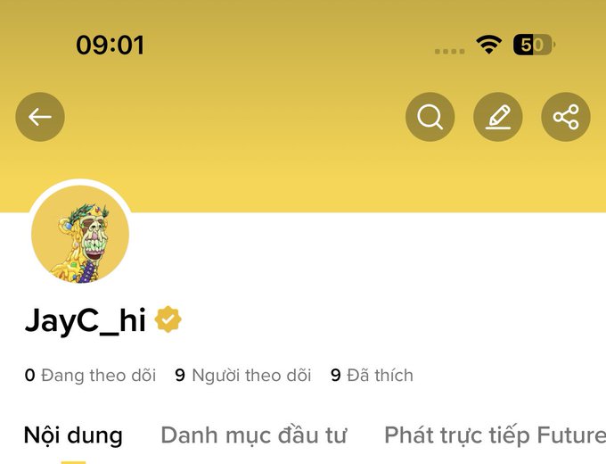 A social media profile screen for 'JayC_hi' (with a verification badge) showing a giraffe avatar, 0 following, 9 followers, 9 likes, and menu options in Vietnamese.