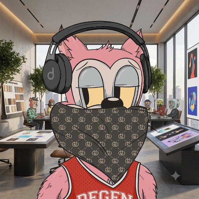 An illustrated pink fox character wearing black headphones and a Gucci-patterned face covering, dressed in a red 'DEGEN' basketball jersey in a modern office setting with other cartoon figures.