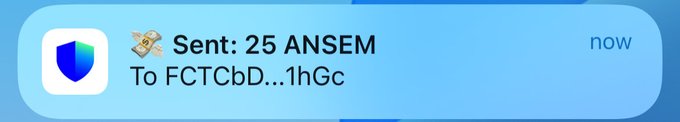 A notification shows that 25 ANSEM tokens were sent to address FCTCbD...1hGc, illustrating the act of sending tokens to others as referenced in the accompanying post.