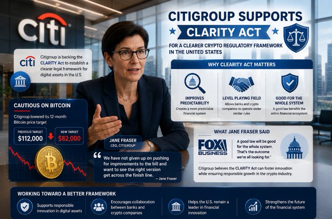 An infographic titled 'CITIGROUP SUPPORTS CLARITY ACT' featuring CEO Jane Fraser discussing Bitcoin price targets ($112,000 previous, $82,000 new) and crypto regulatory framework support, with sections on why the Clarity Act matters and working toward a better framework.