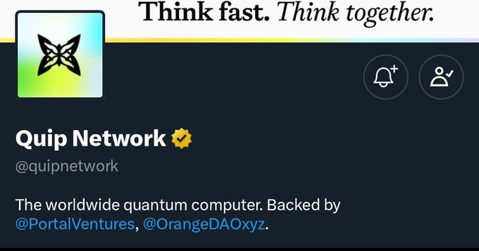 The image shows a social media profile for "Quip Network" (@quipnetwork) with a butterfly logo, tagged as "The worldwide quantum computer" and backed by @PortalVentures and @OrangeDAOxyz. The profile's banner tagline "Think fast. Think together." aligns with the post about a Matrix NFT drop offering 1,000 supply as a free mint, suggesting Quip Network is hosting or promoting this limited-edition collection.