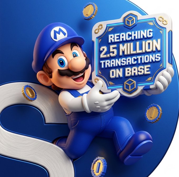 A 3D illustration of the Mario character holding a glowing badge that reads 'REACHING 2.5 MILLION TRANSACTIONS ON BASE', surrounded by floating gold coins.