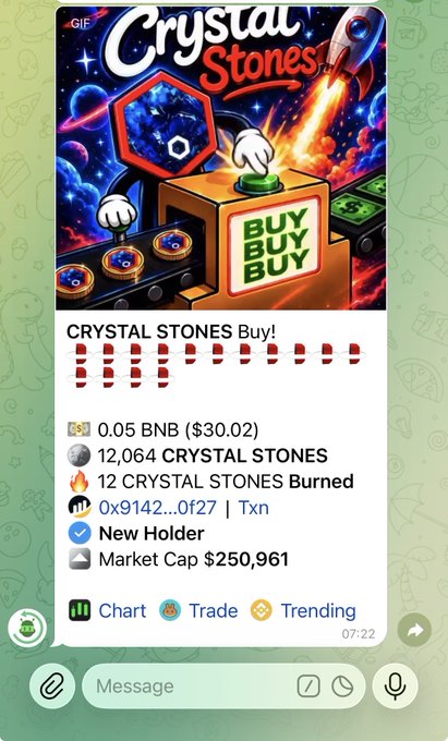 A Telegram screenshot advertises the "CRYSTAL STONES" token, highlighting a recent purchase of 12,064 tokens for 0.05 BNB ($30.02), with a market cap of $250,961. The post from the accompanying caption encourages holders to join before the token "goes parabolic," aligning with the "Buy Buy Buy" button and rocket imagery shown in the image.