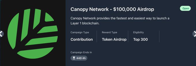 A promotional graphic for a 'Canopy Network - $100,000 Airdrop' campaign showing it's a contribution-based token airdrop open to top 300 eligible participants, ending in 44 days and 4 hours.