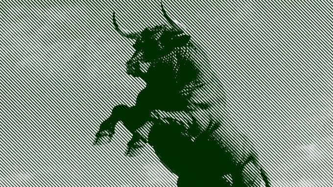 A dark silhouette of a goat or ram-like figure with horns rendered against a diagonal striped green and white background.