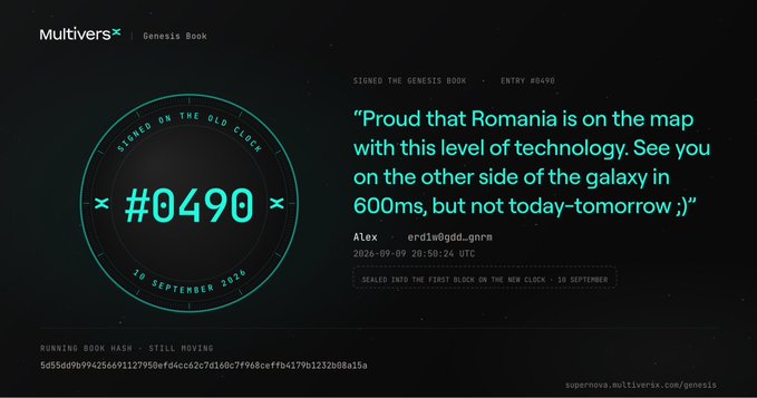 A 'MultiversX Genesis Book' digital entry #0490 signed by 'Alex' on September 20, 2026, displaying a Romanian quote and a blockchain hash.