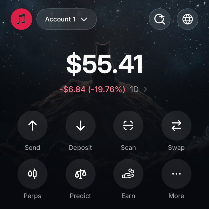 A crypto wallet app screenshot shows Account 1 with a balance of $55.41, down -$6.84 (-19.76%) in 1D. The image appears to be used as proof of a wallet for a "$50 sol giveaway" on Twitter, where participants must show their wallet to enter.