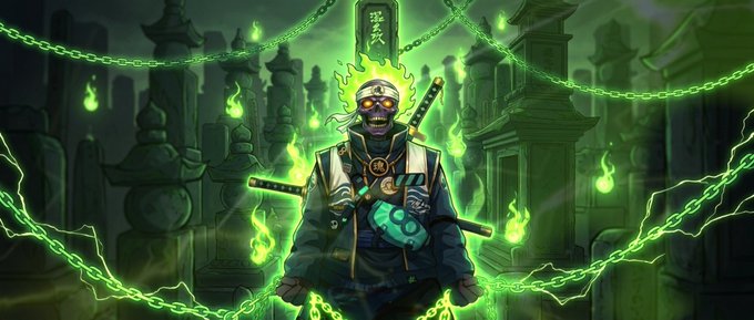 A digital illustration of a skeleton character with a flaming head, wearing a dark coat and holding katanas, surrounded by green flames and chains in a graveyard setting.