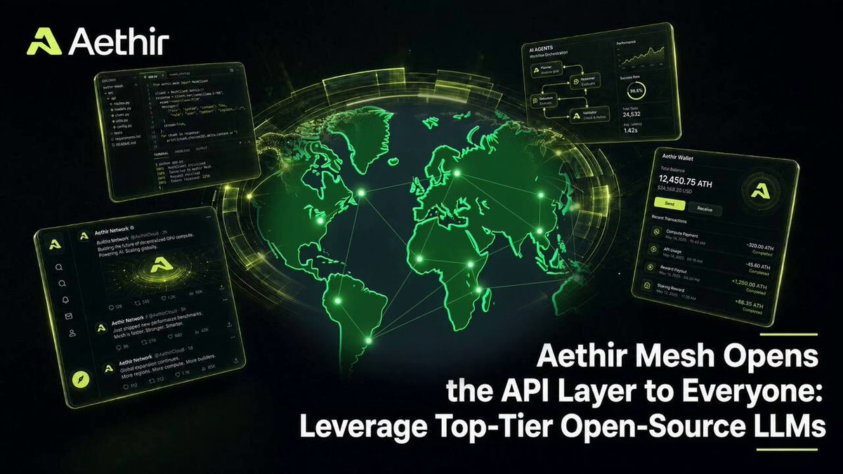 The image features a world map with green and yellow colors, surrounded by text that reads "AI agents need reliable LLM access. Aethir Mesh gives Aethir Claw users and anyone who need access to high-quality inference, direct API keys for top open-source models, including DeepSeek, Kimi, and more, running on Aethir GPU infra." The image is related to the post because it highlights a feature of the AI agent that can be used by agents to access reliable inference and APIs.
