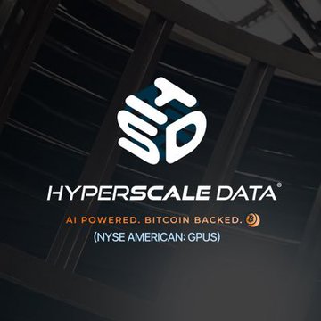 The image displays the Hyperscale Data logo with the tagline "AI POWERED, BITCOIN BACKED" and its NYSE American ticker "GPUS." It relates to the announcement that the public company has surpassed 1,000 BTC in its corporate treasury, visually reinforcing its Bitcoin-backed corporate identity.
