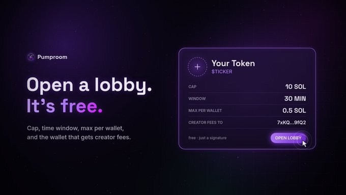 A purple-themed web interface for 'Pumproom' displaying 'Open a lobby. It's free.' with token settings showing CAP 10 SOL, WINDOW 30 MIN, and MAX PER WALLET 0.5 SOL.