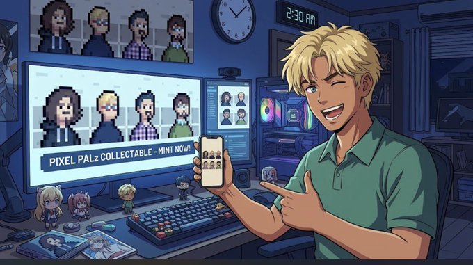 A pixel art style illustration of a smiling blond man pointing to pixel character collectibles called 'PIXEL PALZ' displayed on his computer monitors, with a digital clock showing '2:30 AM'.