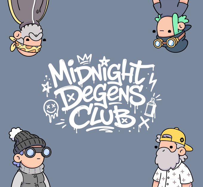 A stylized graphic for 'Midnight Degens Club' featuring hand-drawn white graffiti-style lettering in the center, surrounded by four cartoon character mascots in the corners of a gray background.
