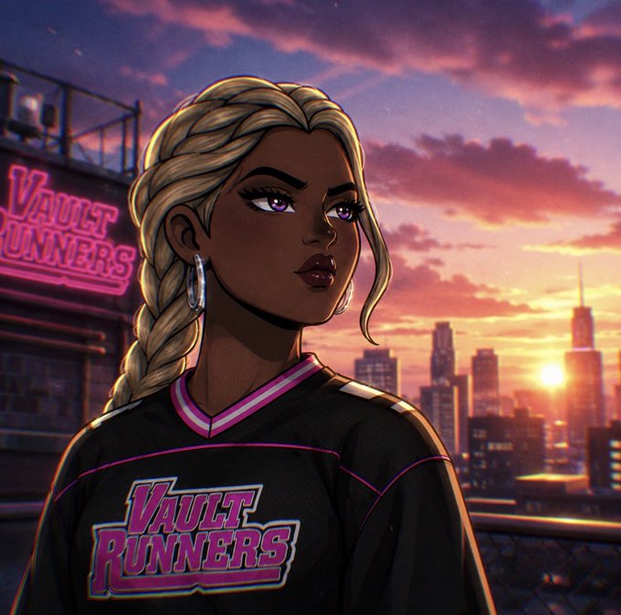 An anime-style illustration of a blonde woman with a braid wearing a 'VAULT RUNNERS' jersey, standing against a city skyline at sunset.