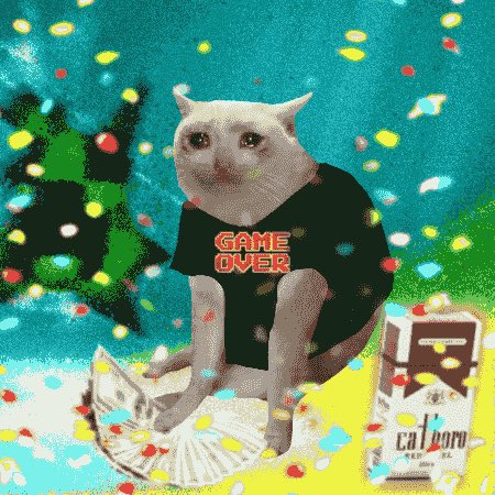 A digital collage-style image featuring a sad-looking white cat wearing a black shirt that reads 'GAME OVER', positioned above a Casillero del Diablo wine box with colorful confetti effects.