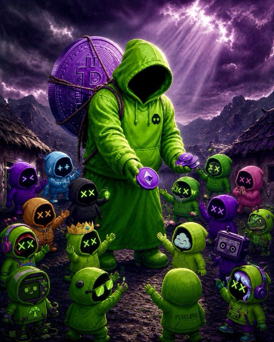 A digital illustration featuring a hooded figure carrying a large Bitcoin coin on their back, surrounded by smaller hooded characters with X-shaped eyes, set against a stormy purple sky.