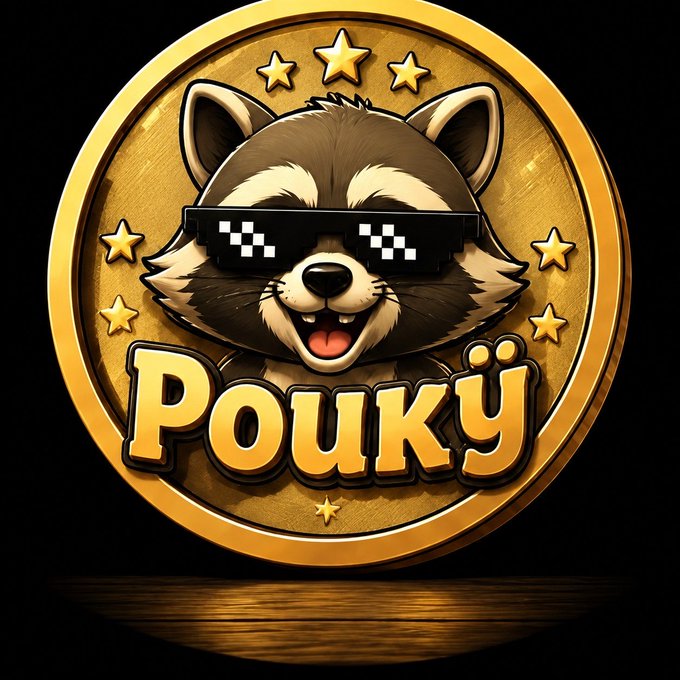 A golden coin graphic featuring a raccoon wearing pixelated sunglasses with the word 'Pouky' displayed below it.