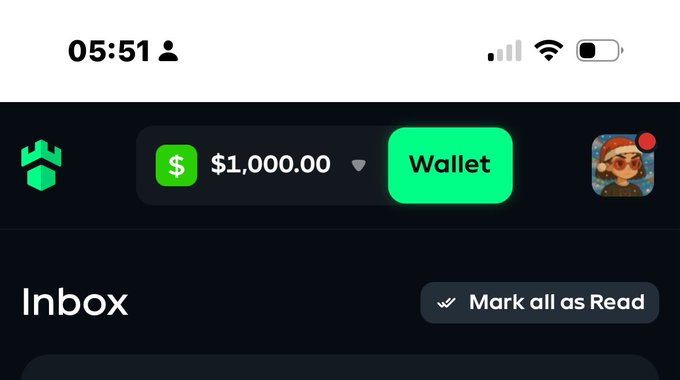 A screenshot of a betting/investment app showing a Cash App wallet balance of $1,000.00 alongside an Inbox section with a "Mark all as Read" option, likely celebrating a significant gambling win referenced in the caption.