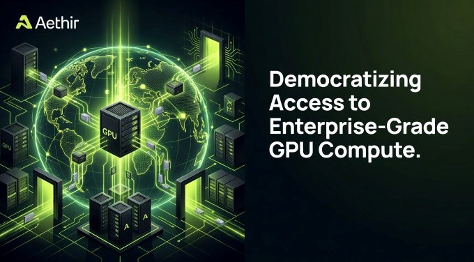 The image features the Aethir logo alongside a stylized 3D rendering of interconnected GPU servers and a glowing green globe, with the tagline "Democratizing Access to Enterprise-Grade GPU Compute." It visually reinforces the post's message by contrasting Aethir's decentralized, distributed GPU network approach against Big Tech's centralized model exemplified by AWS's massive 1 million+ NVIDIA GPU commitment.