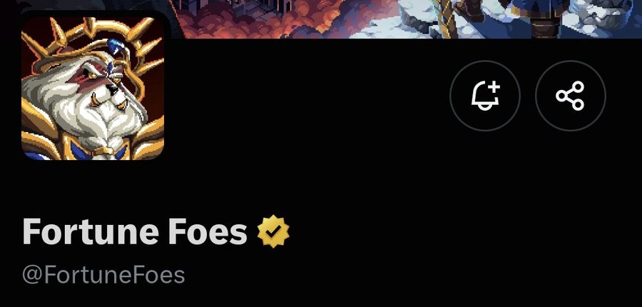 The image displays the Twitter/X profile header of "Fortune Foes" (@FortuneFoes), marked with a gold verification checkmark, featuring pixel-art avatar of a white-bearded king with a crown. The accompanying tweet satirically outlines a calculated "rug pull" scheme: paying $4,000+ for 1-3 months of a gold Twitter verification badge to build credibility, then exploiting that trust to launch an NFT collection with 5,000-10,000 supply at $20-$50 mint prices, potentially netting $100,000 in profit, dubbing this "the new golden badge scam meta."