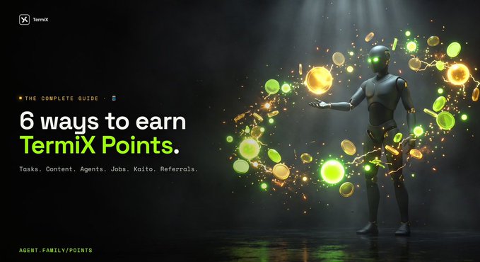 A digital graphic titled "6 ways to earn TermiX Points" lists "Tasks. Content. Agents. Jobs. Kaito. Referrals." alongside a humanoid robot surrounded by glowing green and yellow coins.