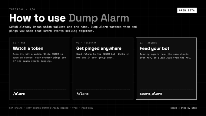A tutorial interface for 'Dump Alarm' (Tutorial 1/4) showing three steps: '01 - WEB Watch a token', '02 - TELEGRAM Get pinged anywhere', and '03 - AGENTS Feed your bot', currently labeled as 'OPEN BETA'.