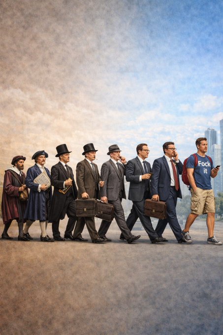 The image features a group of men dressed in suits walking down a street together. There are seven people in total, with some wearing ties while others do not. The scene appears to be set against an urban backdrop, possibly a city street or a busy area. The photo is taken from the side and captures the men's journey as they walk along their path.