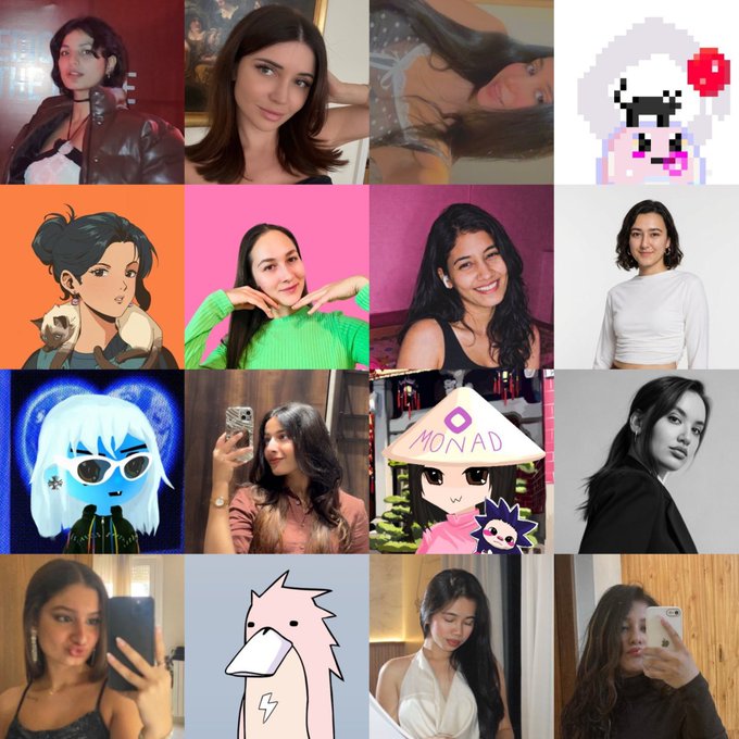 A collage of 16 images featuring various portraits of women, some as illustrations or anime-style characters, against colorful backgrounds.