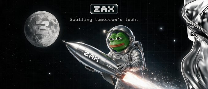 A graphic featuring a Pepe the Frog astronaut riding a rocket labeled 'ZAX' past the moon, with the text 'ZAX' and 'Scaling tomorrow's tech.'