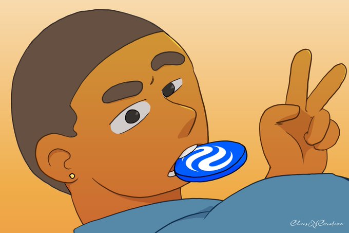 A cartoon-style digital illustration by ChrissCreation showing a young man with a peace sign hand gesture and a blue swirled object in his mouth, set against an orange gradient background.