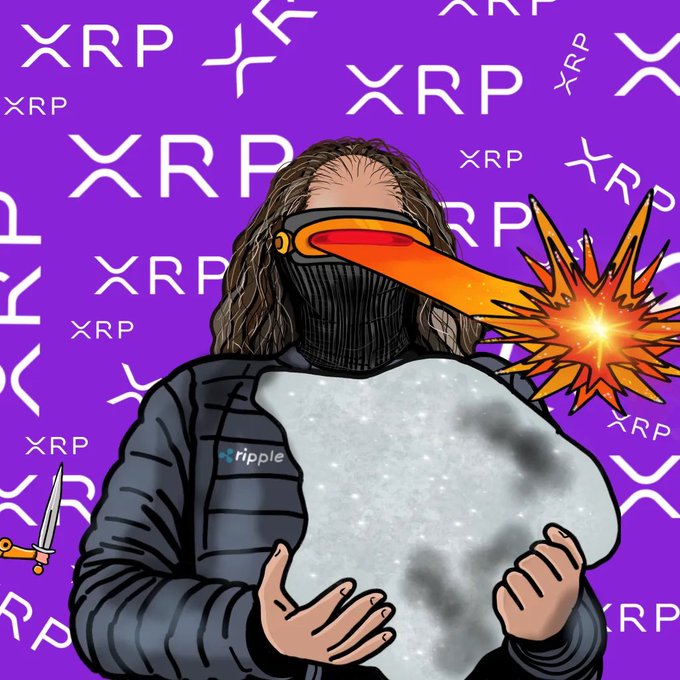 An illustration of a figure wearing a bird-like mask and a 'ripple' branded jacket, holding a glowing rock against a purple background covered with 'XRP' logos.